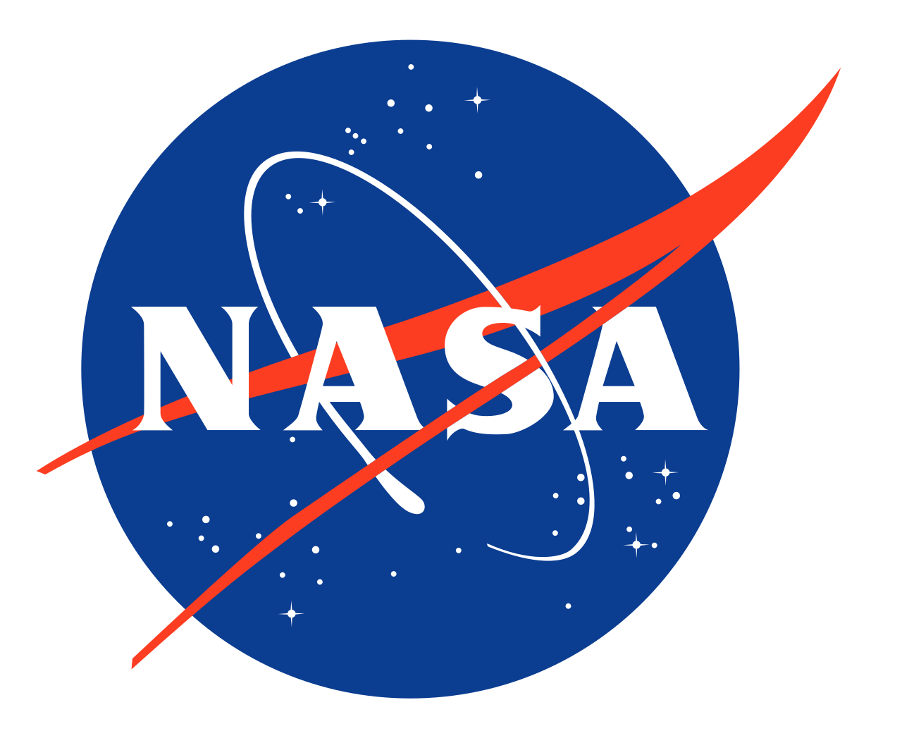 NASA's round blue logo with the letters N-A-S-A and a red orbit.