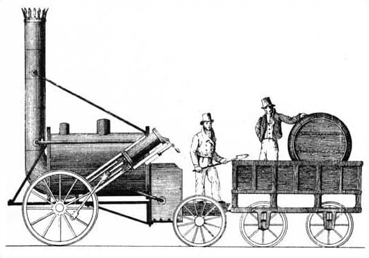 A contemporary technical drawing of Stephenson's Rocket locomotive from 1829.
