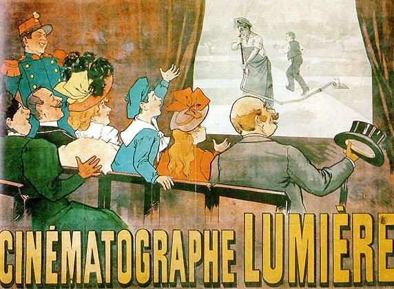 An 1896 illustrated poster advertising the Lumière brothers' Cinématographe, showing a comic film of a gardener being sprayed with his own hose.