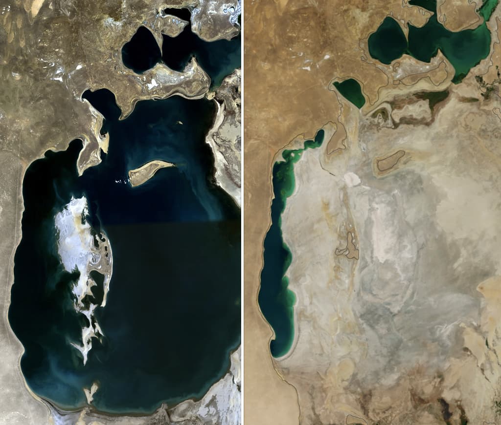 Two satellite images side by side: the Aral Sea as a large lake in 1989 and as a few small remnants in 2014.