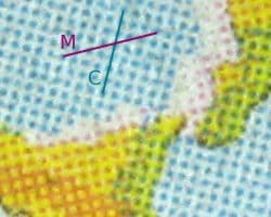 A magnified view of a CMYK print showing the tiny dots of cyan, magenta, yellow and black ink that combine to form an image.