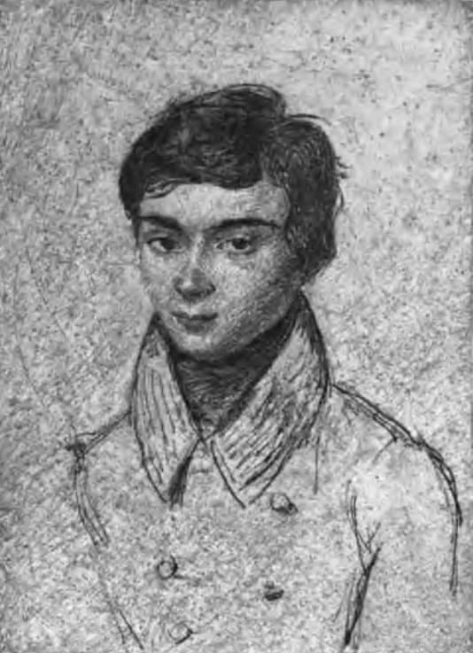 A sketched portrait of a young man with curly hair, believed to be Évariste Galois.