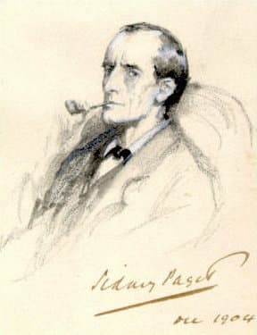A black-and-white Victorian illustration of Sherlock Holmes in profile, with a sharp nose and a pipe.