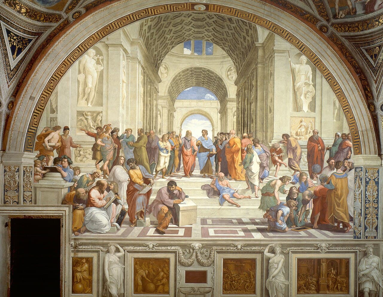 Raphael's fresco depicting Plato and Aristotle surrounded by many philosophers of antiquity.