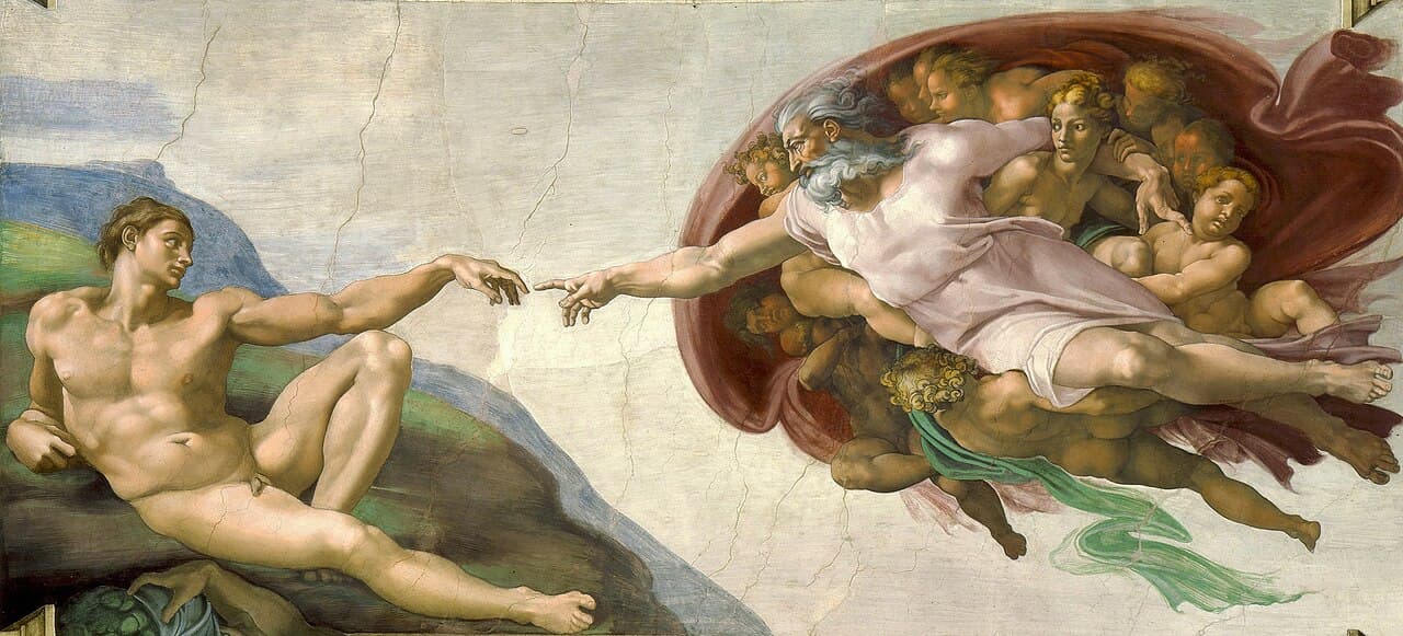Detail of Michelangelo's fresco the Creation of Adam, showing God and Adam reaching toward each other, fingers almost touching.