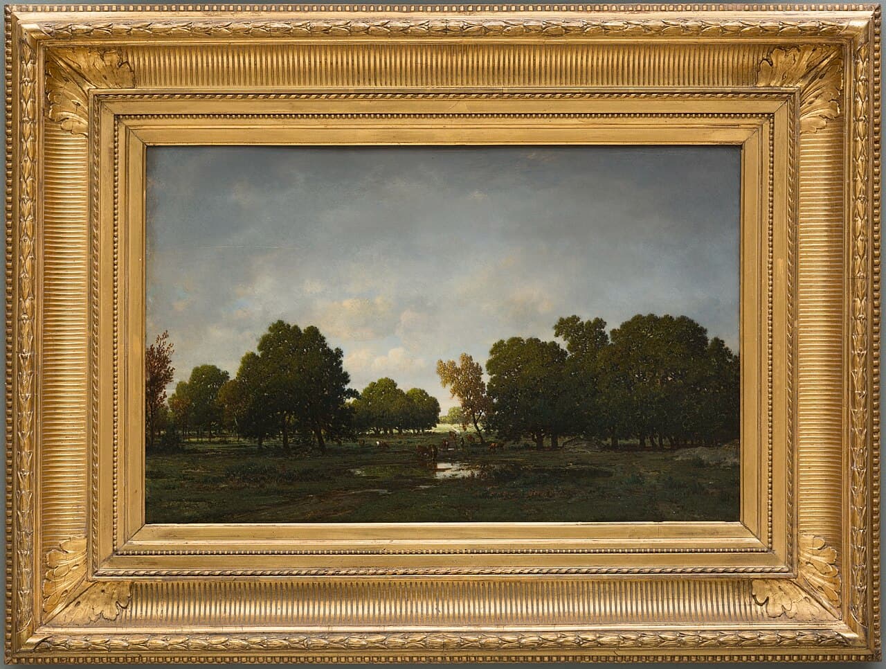 A landscape painting of the Forest of Fontainebleau by Théodore Rousseau, showing trees and dappled light with no historical or mythological scene taking place.