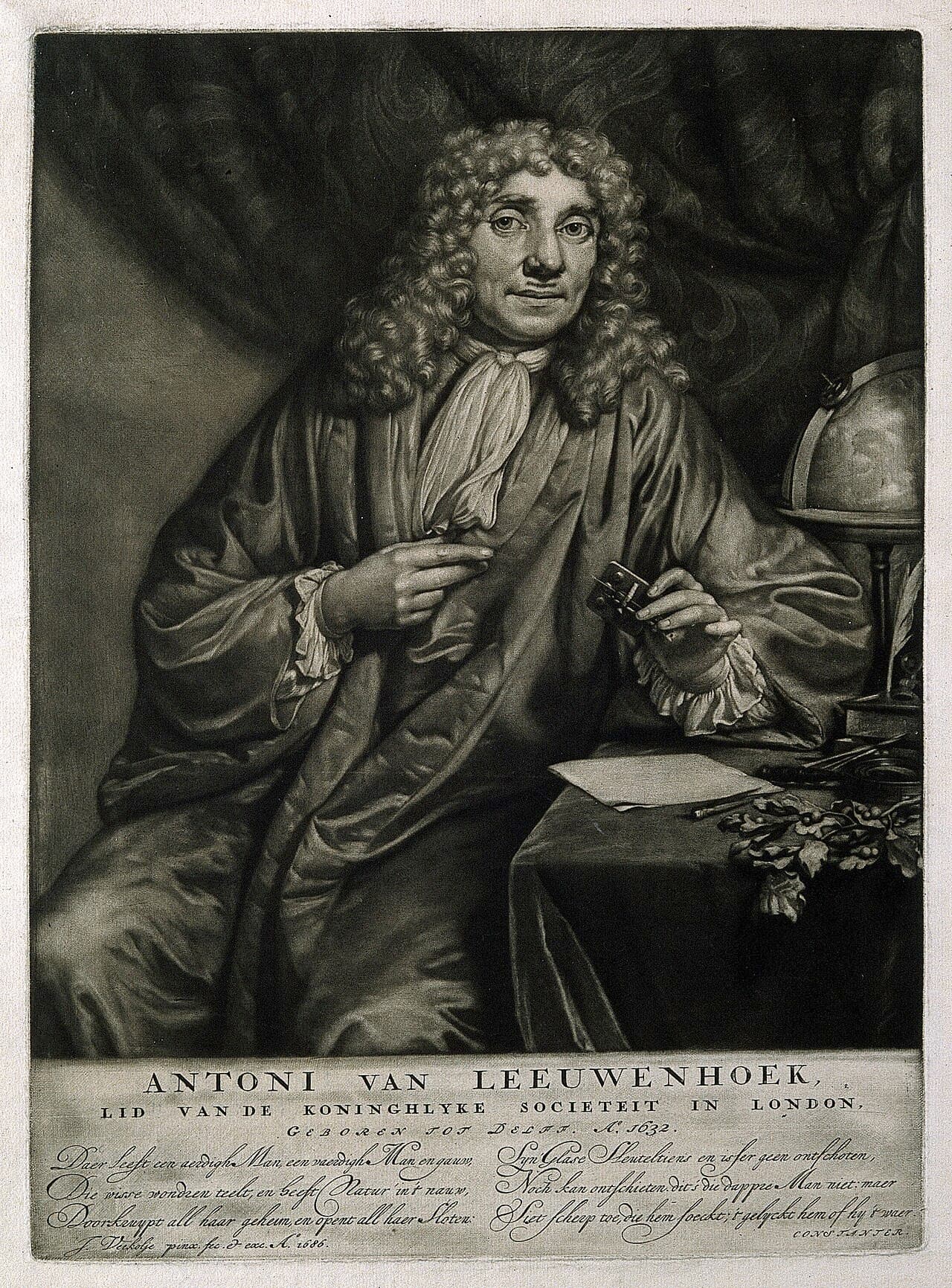 A 1686 portrait print of Antonie van Leeuwenhoek, a middle-aged man in 17th-century Dutch dress.