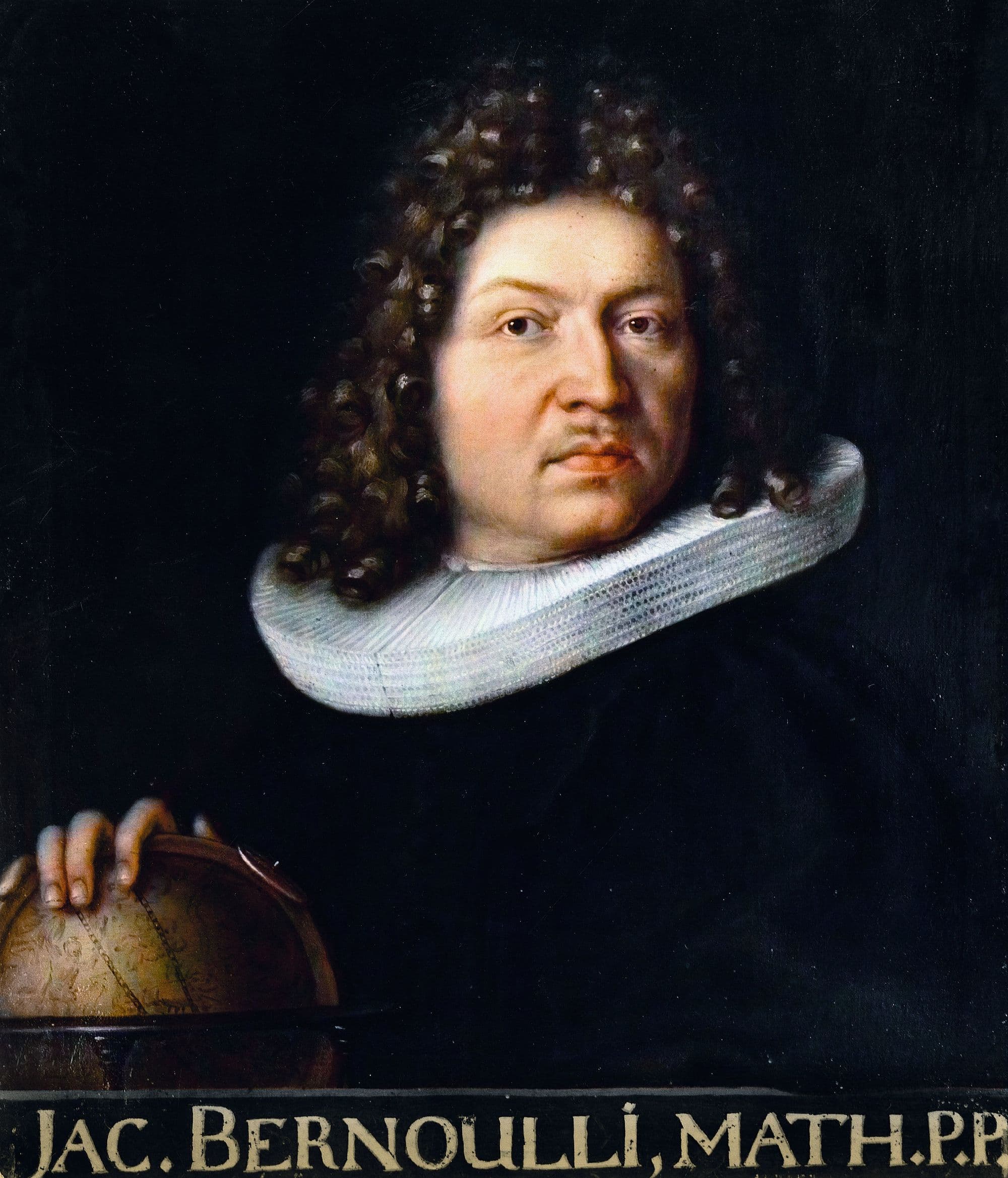 A 1687 portrait of Jacob Bernoulli, a man in dark 17th-century dress and a long wig.