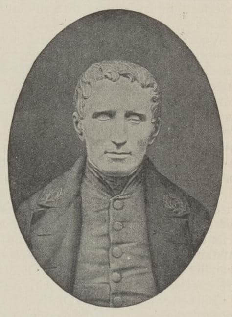 An old engraved portrait of Louis Braille, a young man in 19th-century dress.