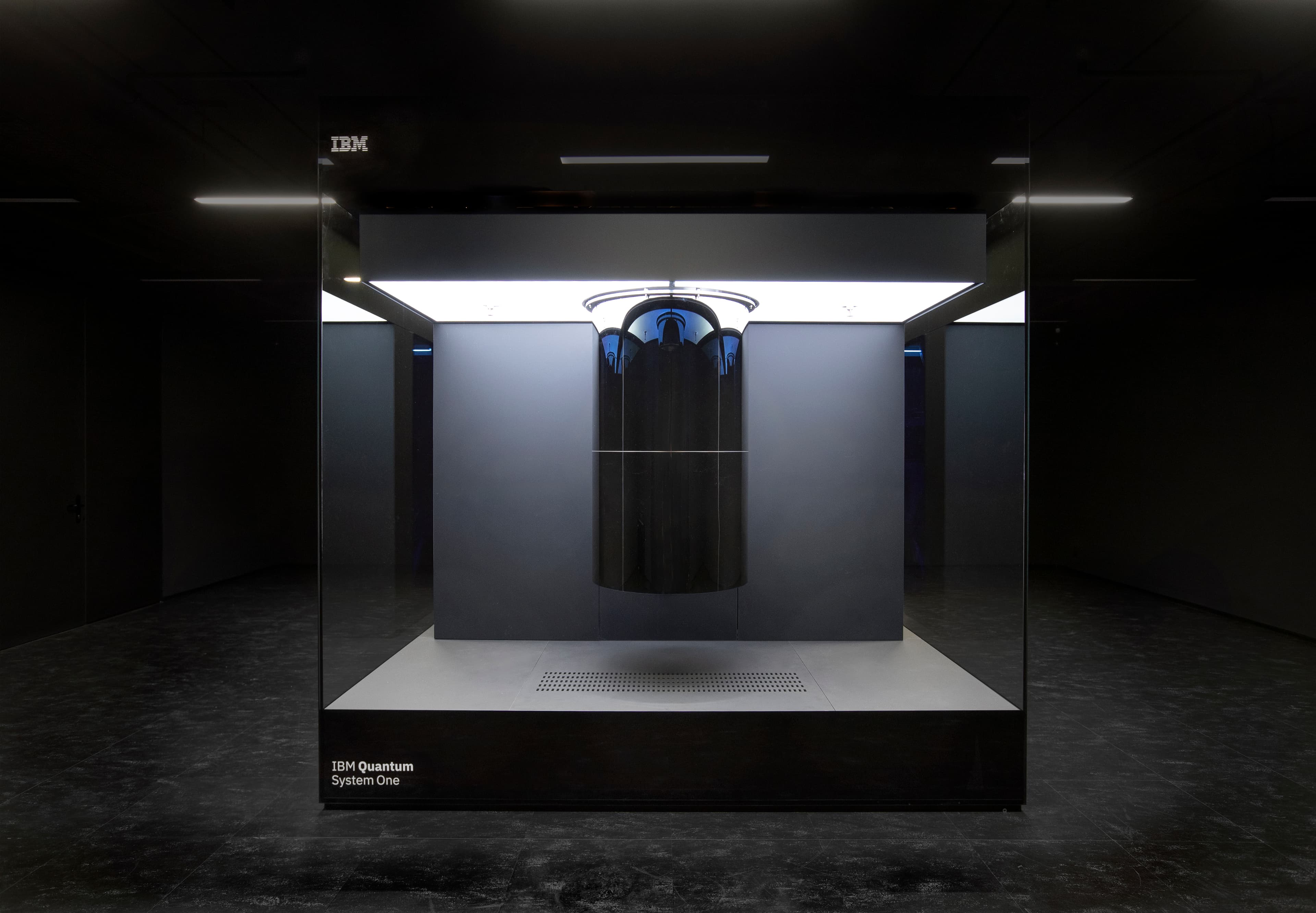 A gold chandelier-shaped cryostat housing an IBM Q quantum computer, installed in Germany.