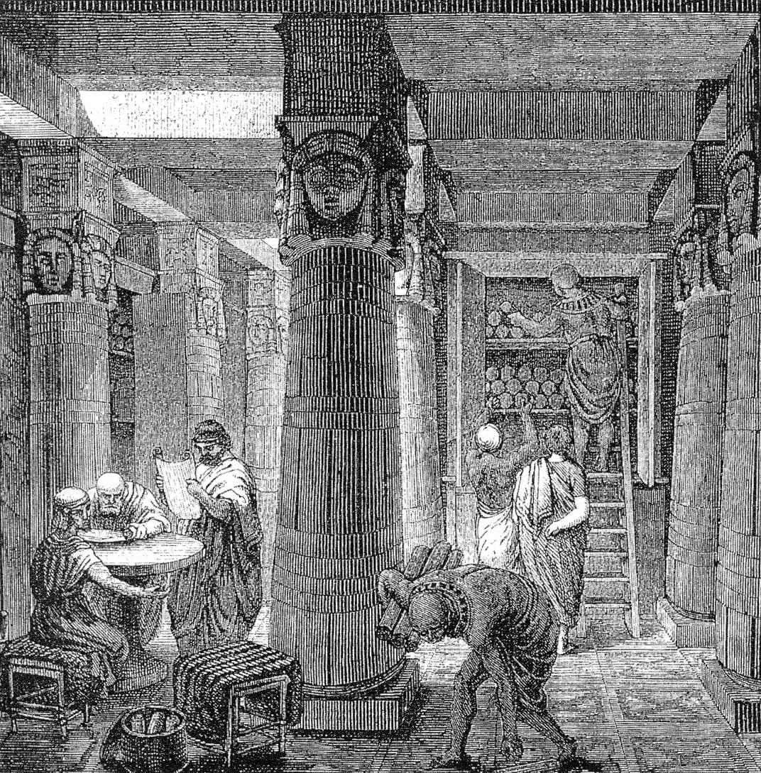 Engraving of scholars in a grand columned hall lined with shelves of scrolls