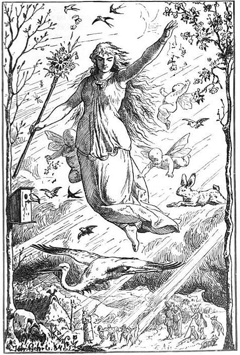 1901 illustration of the goddess Ēostre flying through the sky surrounded by light and cherubs, with people on the ground looking up at her.