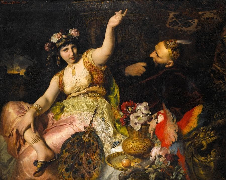 A 19th-century painting of Scheherazade, richly dressed, telling a story to the seated Sultan Shahriyar in a palace lit by lamps.
