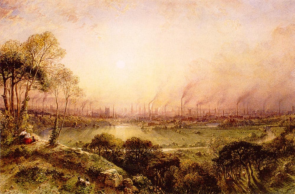 A 19th-century painting of Manchester viewed from Kersal Moor, showing a dense industrial city under a haze of smoke.
