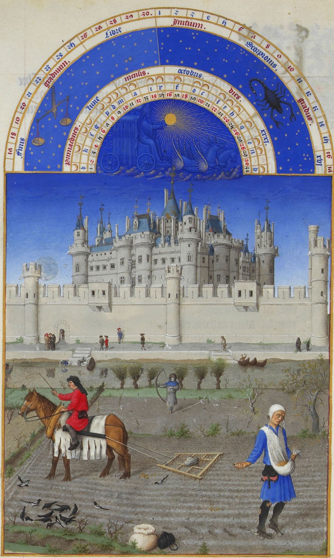 Medieval illumination of peasants sowing a field beside a river, with a white castle full of towers and turrets on the far bank.