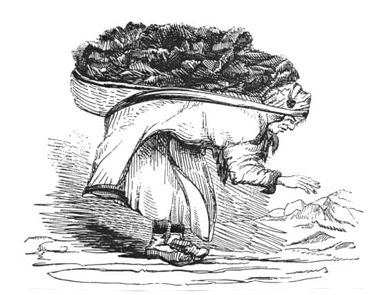 A 19th-century illustration of a woman carrying a heavy load of coal on her back out of a mine, with the testimony she gave: she carried over 60kg and worked often in water up to her calves.