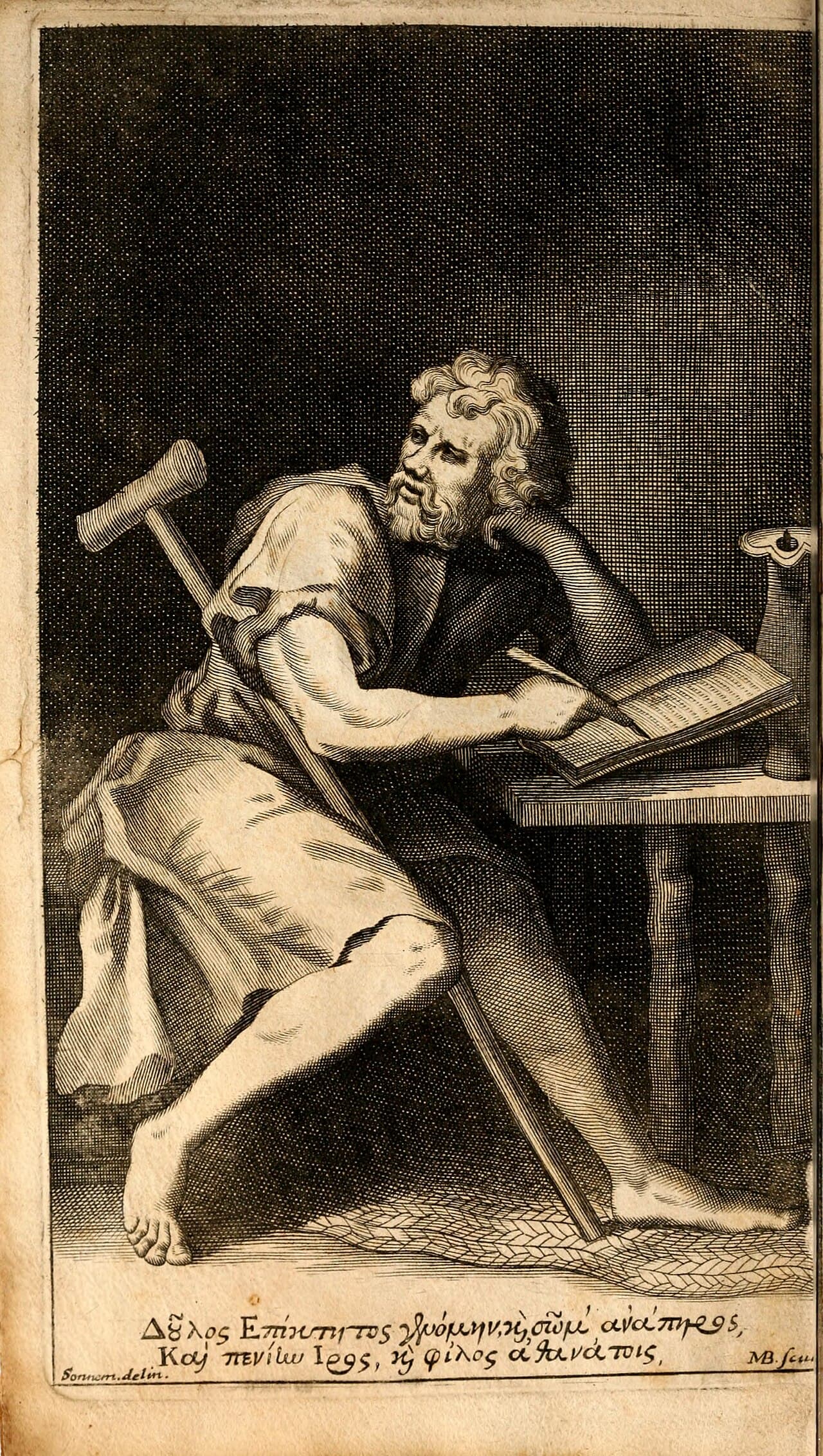 Engraved imaginary portrait of Epictetus as a bearded man with a crutch, from an old printed book.