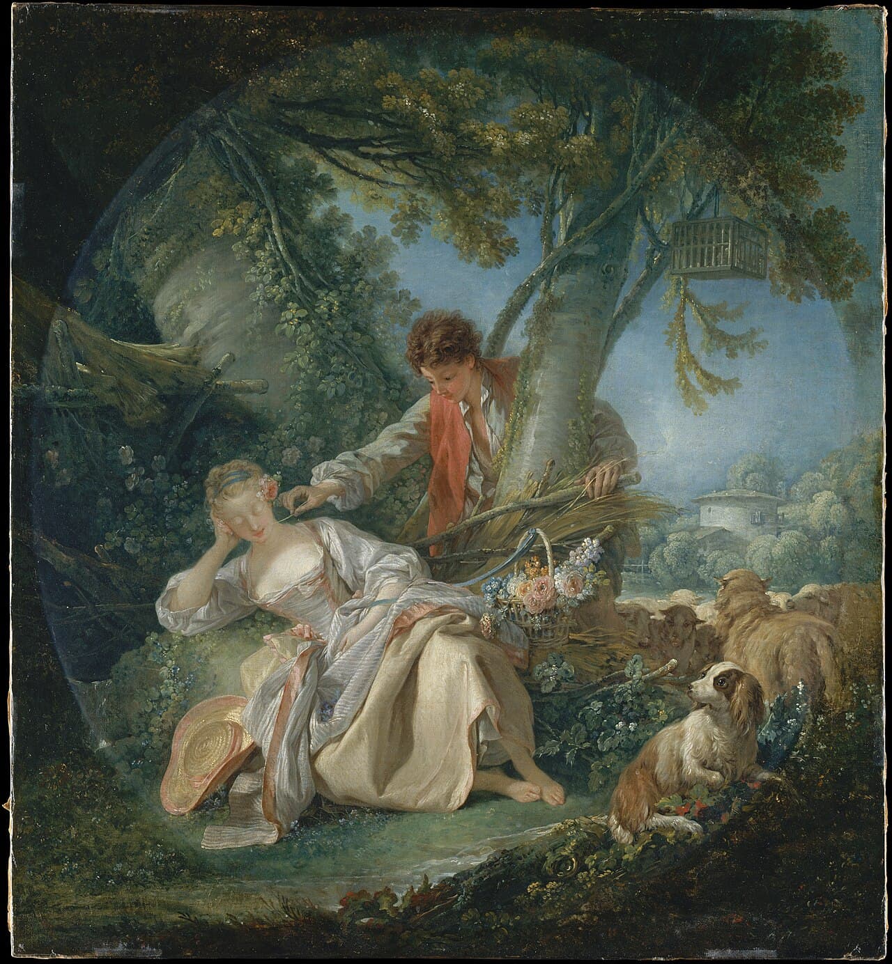 An 18th-century painting of a young woman dozing under a tree while a young man leans over and tickles her face with a stalk of straw, with sheep and a dog nearby.