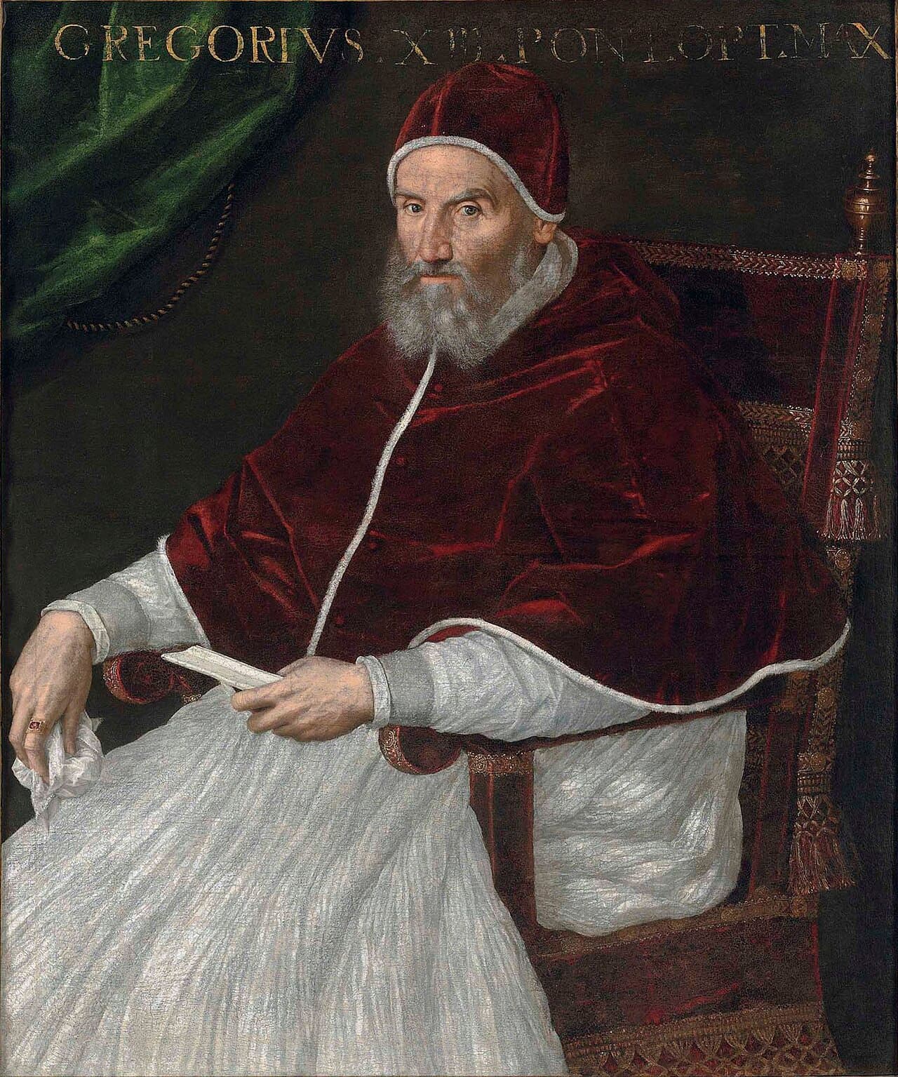 A painted portrait of Pope Gregory XIII, seated in papal robes, holding a document.