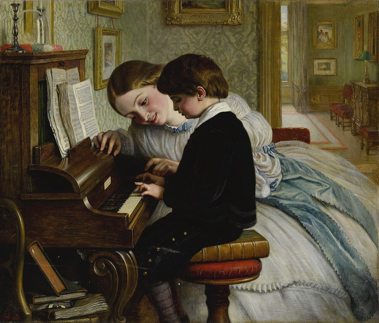 A 19th-century painting of a child receiving her first music lesson at a piano