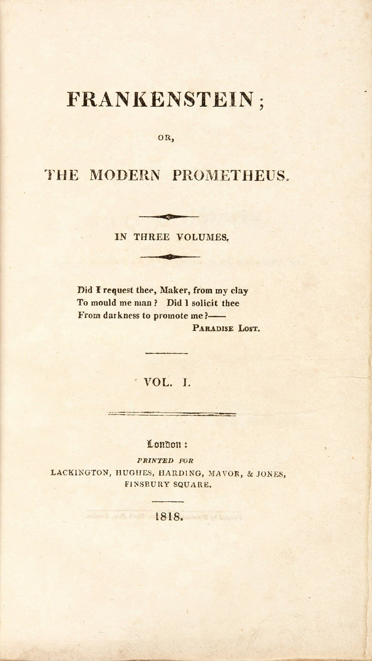 The title page of the 1818 first edition of Frankenstein, printed in antique type, published anonymously.