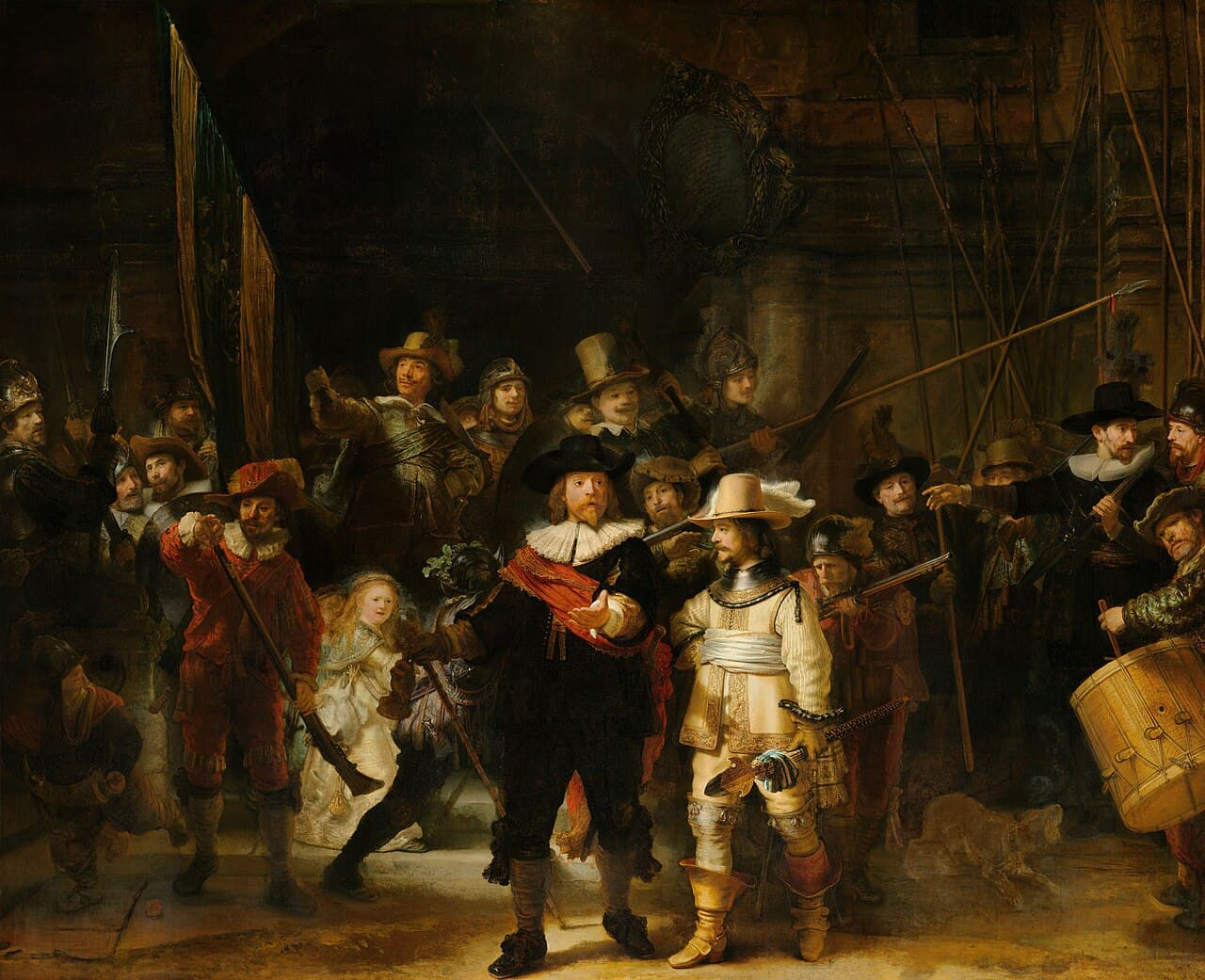 Rembrandt's Night Watch: a crowd of armed militiamen in hats emerging from shadow, led by a captain in black with a red sash and a lieutenant in pale yellow, with a glowing girl to the left.
