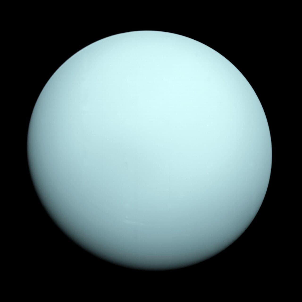 The planet Uranus, a pale, nearly featureless disc, imaged by the Voyager 2 spacecraft.