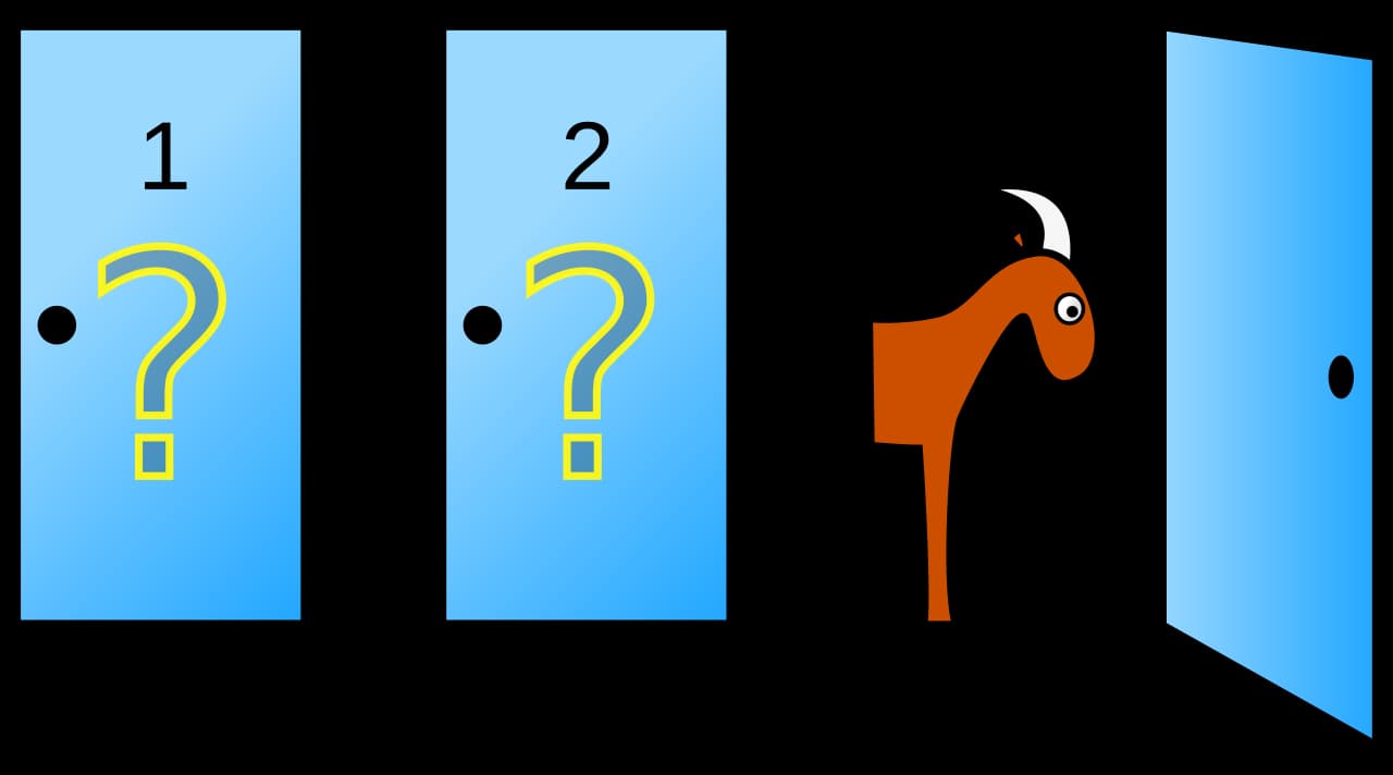 Three doors: two closed, and one open revealing a goat.