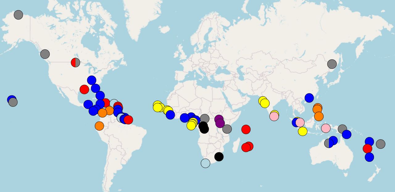 A world map marking the locations of pidgin and creole languages, clustered along coastal and equatorial regions.