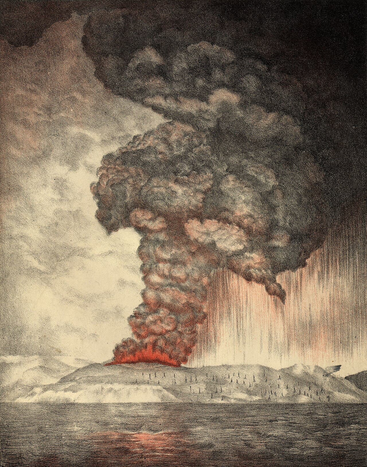Coloured 19th-century lithograph of a volcanic island erupting a tall dark plume over the sea.