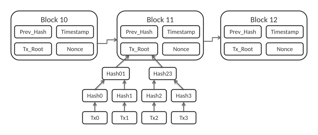 Diagram of three Bitcoin blocks in a row; each holds the previous block's hash, a root hash of its transactions, a timestamp and a nonce, with arrows linking each block to the one before.