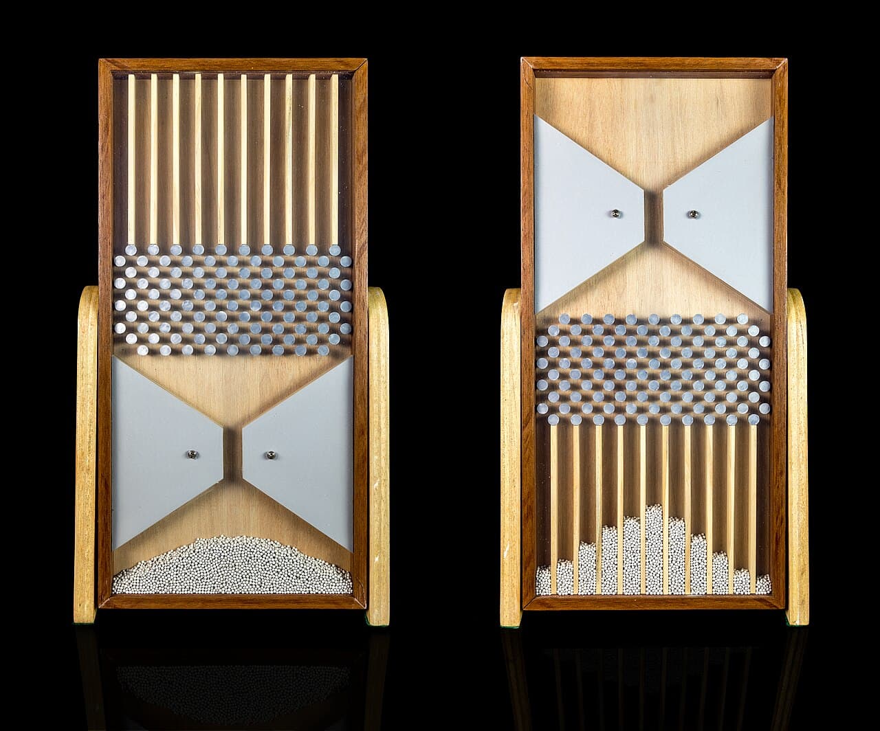 Two Galton boards side by side: balls dropped through rows of pegs pile up in columns that form a bell-shaped curve.