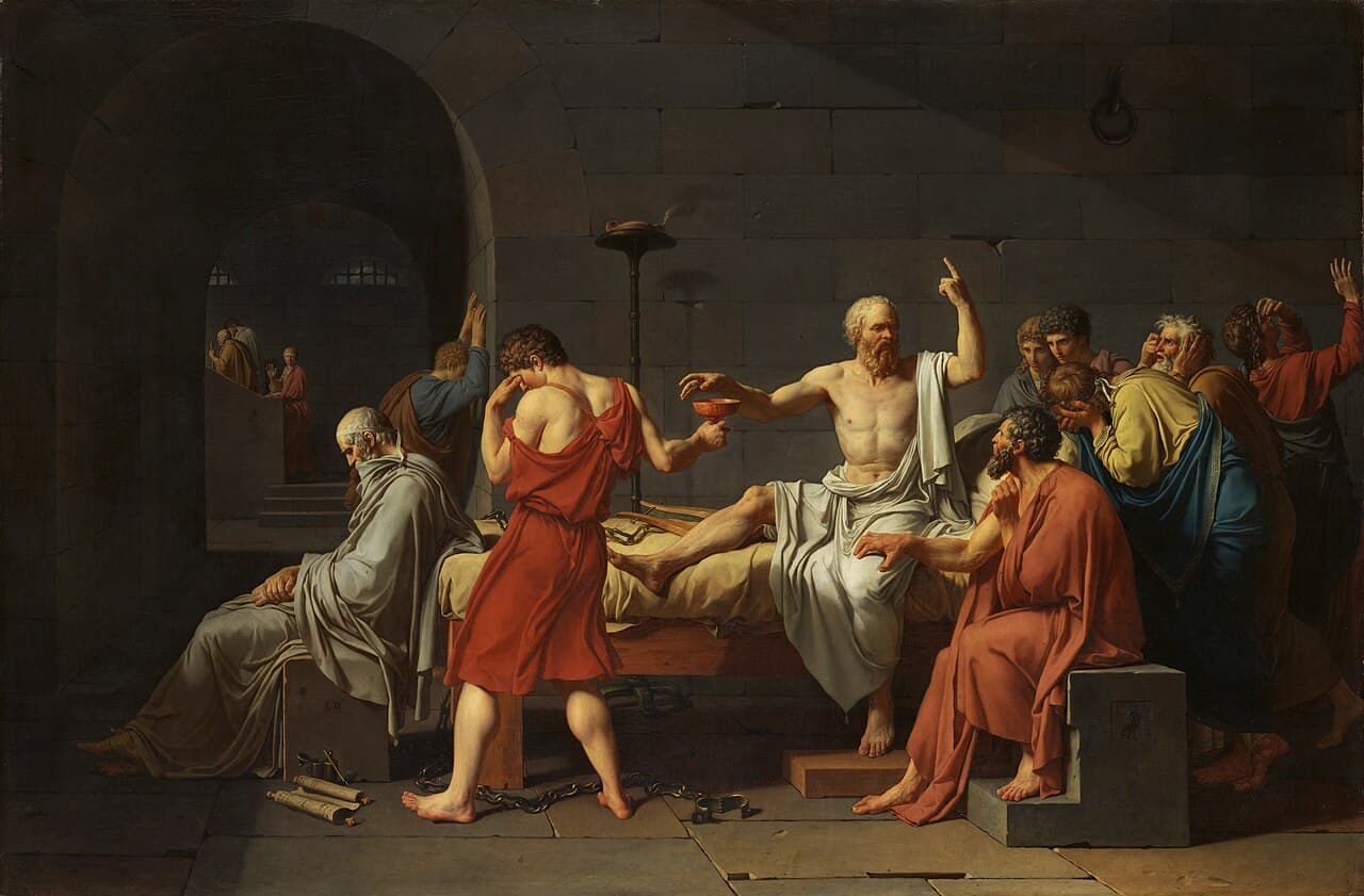 Painting of Socrates sitting on a bed, one hand raised as he reaches for a cup of hemlock, surrounded by grieving friends.