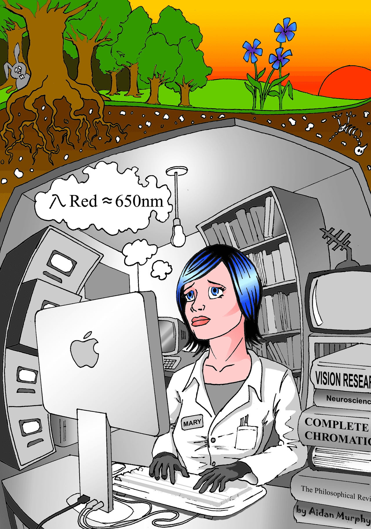 Cartoon of a scientist named Mary in a grey underground room full of books and screens, thinking "Red ≈ 650 nm", beneath a colourful world of trees, flowers and a setting sun.