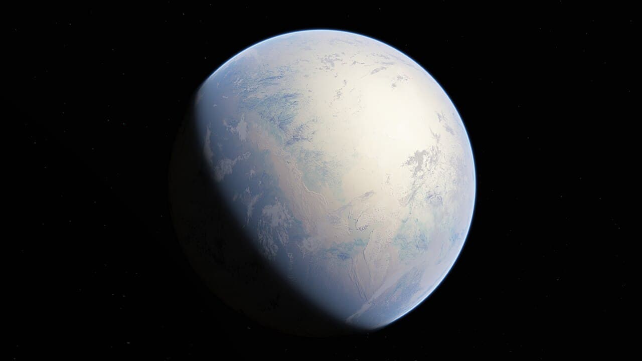 Artist's rendering of Earth seen from space, almost entirely white with ice, with only faint traces of darker ocean.