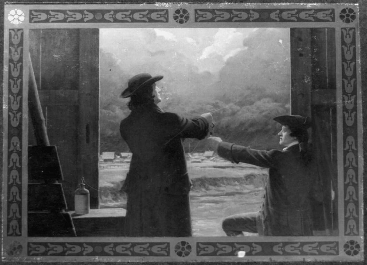 A painted illustration of Benjamin Franklin and a boy flying a kite into a stormy sky during a lightning experiment.