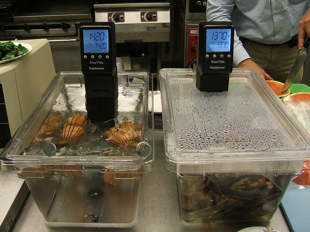Two immersion circulators clipped to water baths, one holding eggs in their shells and the other vacuum-sealed bags of meat.