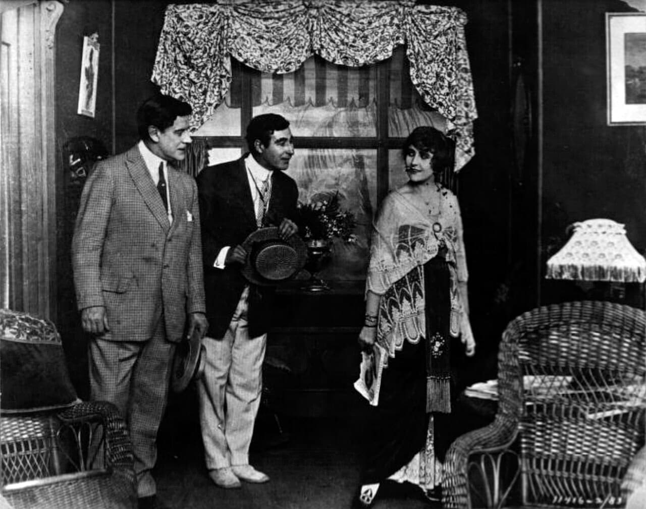 Black-and-white photograph of actress Pearl White in a scene from the film serial The Perils of Pauline.