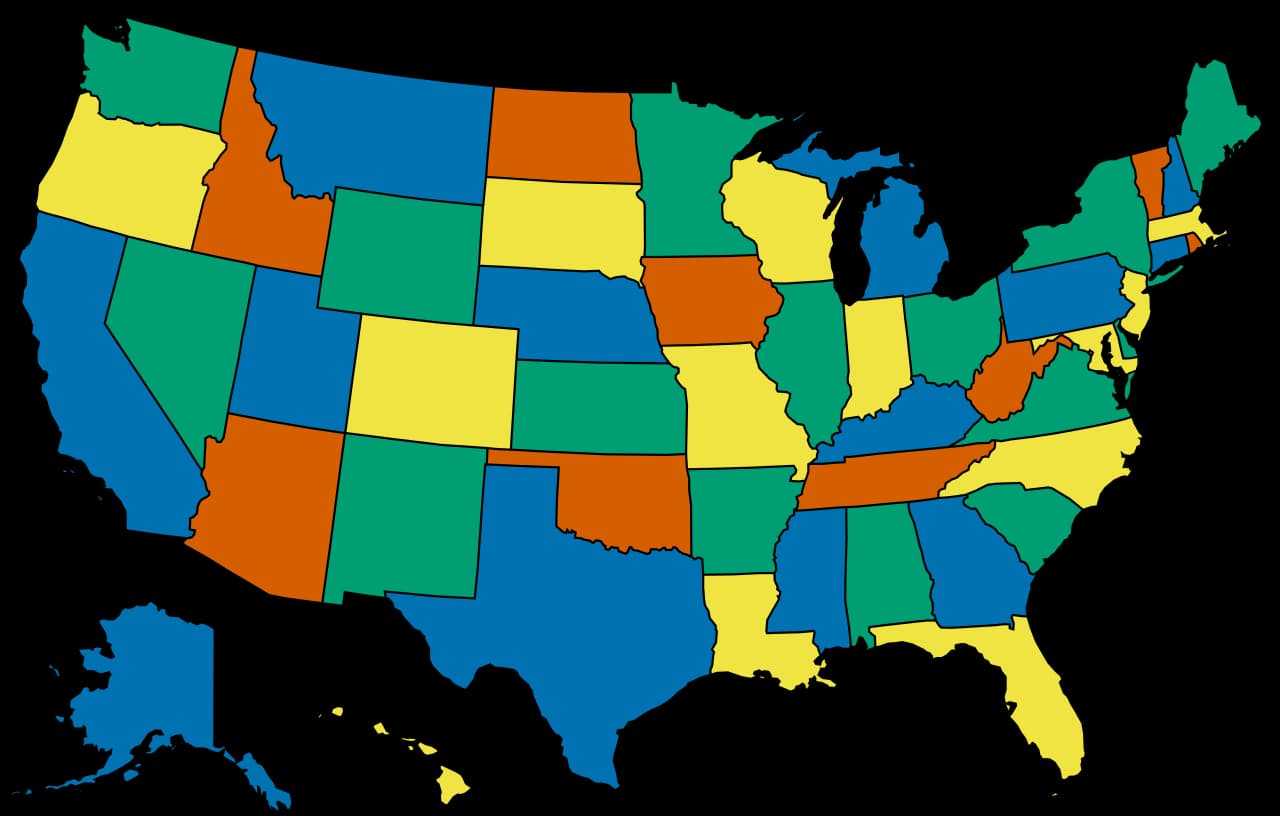Map of the United States with every state filled in one of four colors, no two bordering states sharing a color.