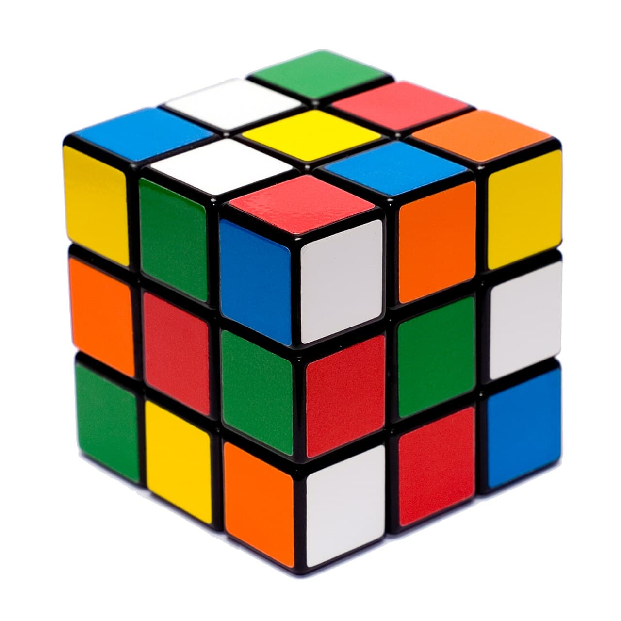 A scrambled Rubik's Cube with mixed coloured squares on each visible face
