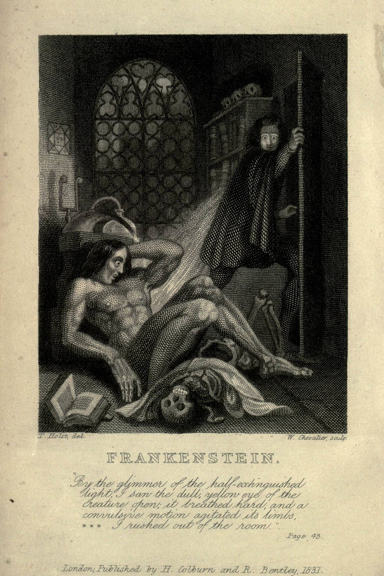 Engraving of Victor Frankenstein recoiling in horror from his creature, which sits up among bones and books in a dark laboratory.