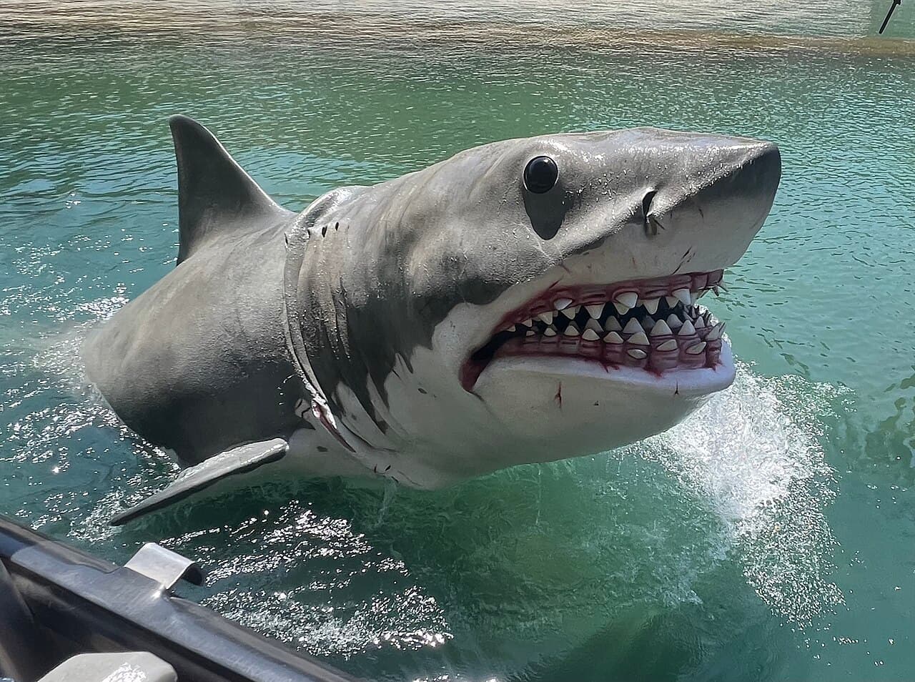 Close-up of a large grey model shark with an open mouth full of teeth, hanging on display.