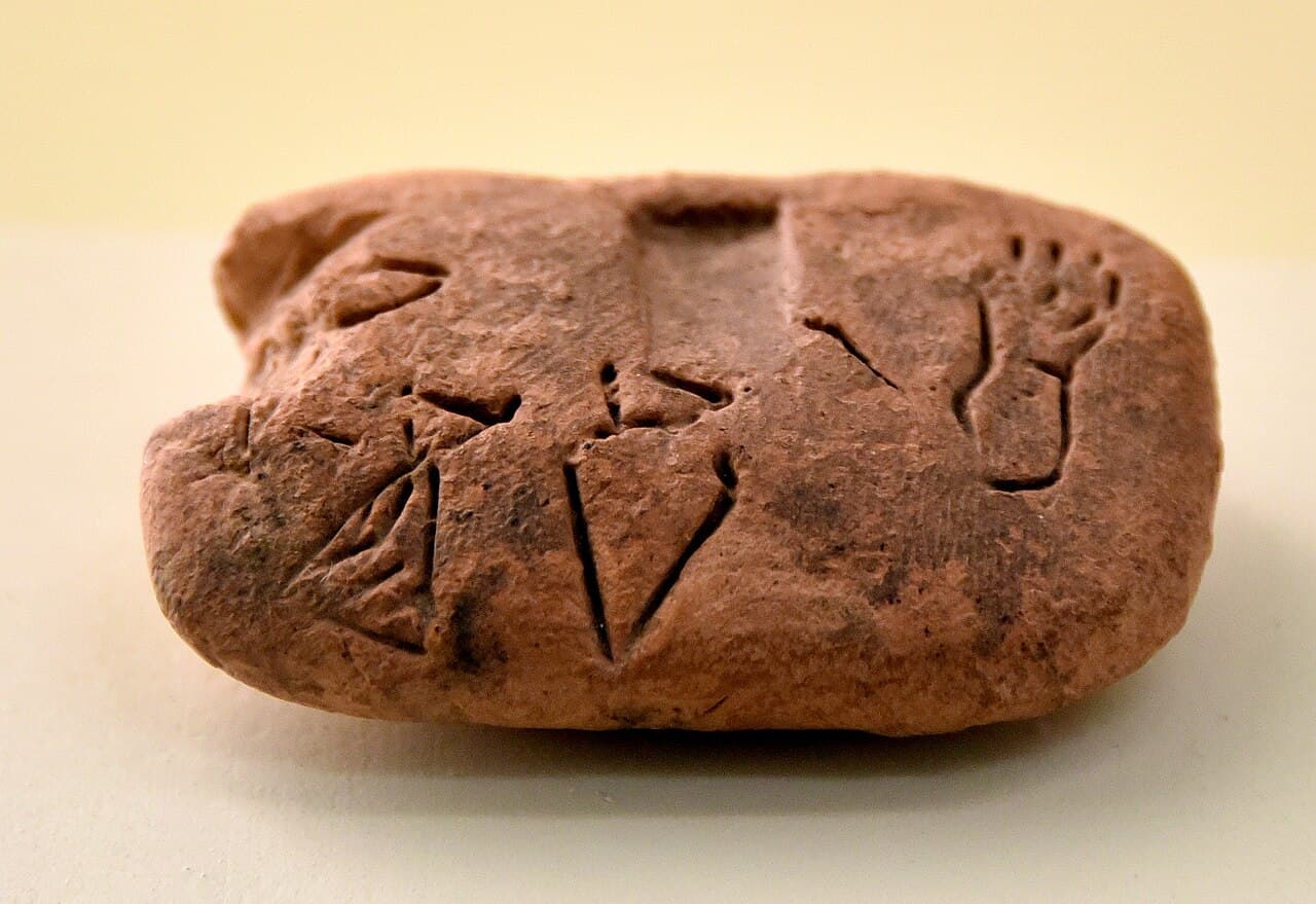 A small, ancient clay tablet from Uruk marked with early counting symbols, including an archaic sign for a vessel.
