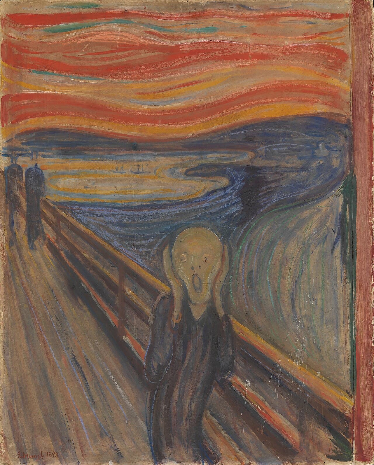 Edvard Munch's painting The Scream: a figure clutching its face on a bridge under a swirling blood-red and orange sky.
