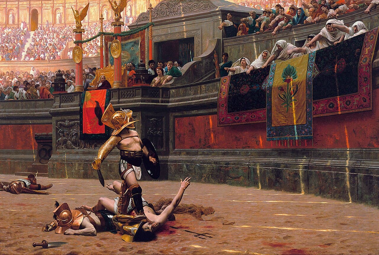 Painting of a packed Roman arena: a gladiator stands over a fallen opponent while women in white in the front row thrust their thumbs toward the ground.