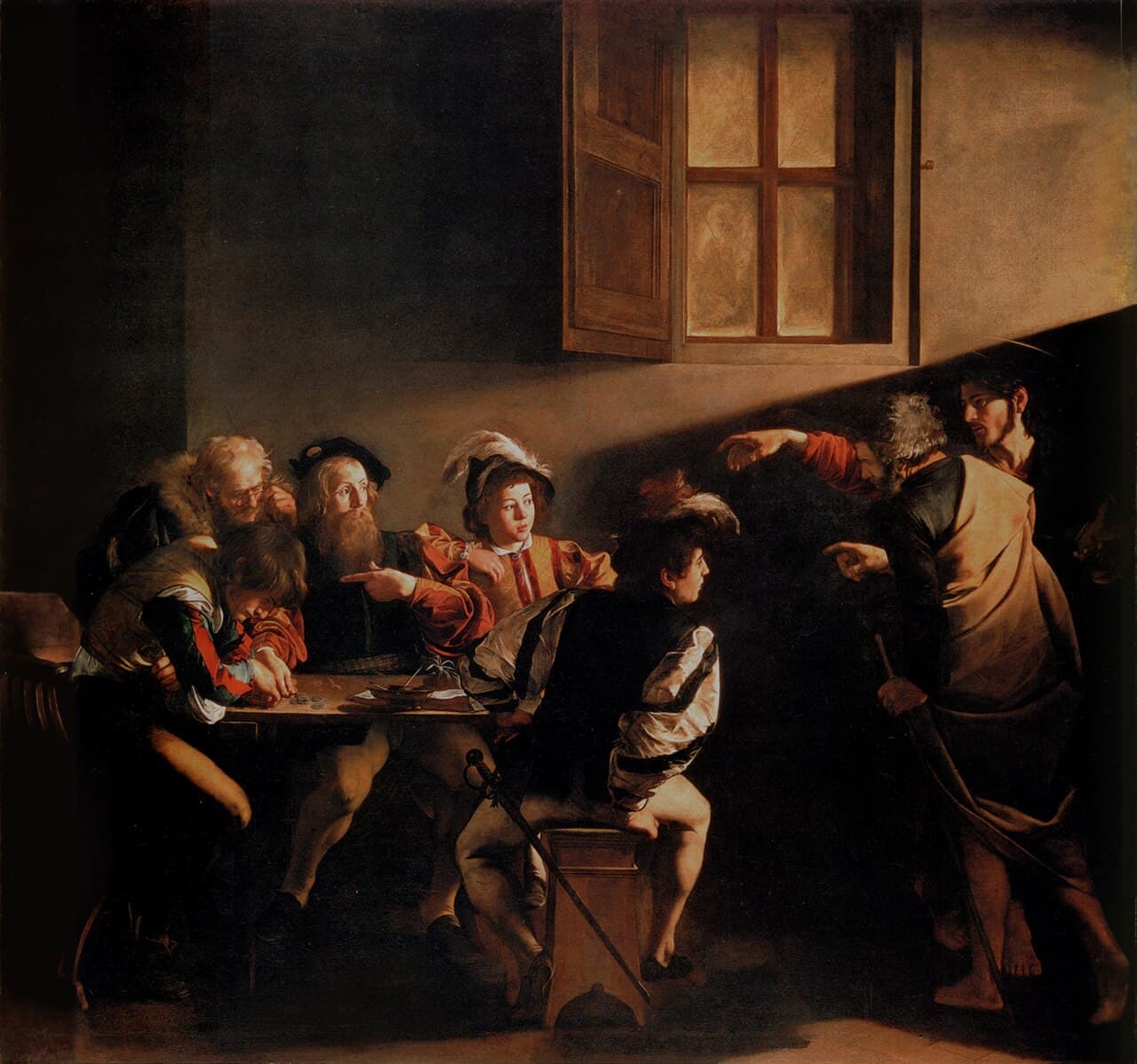 A dark painting where a shaft of light cuts diagonally across a group of seated men at a table, illuminating their faces while the background stays in deep shadow.